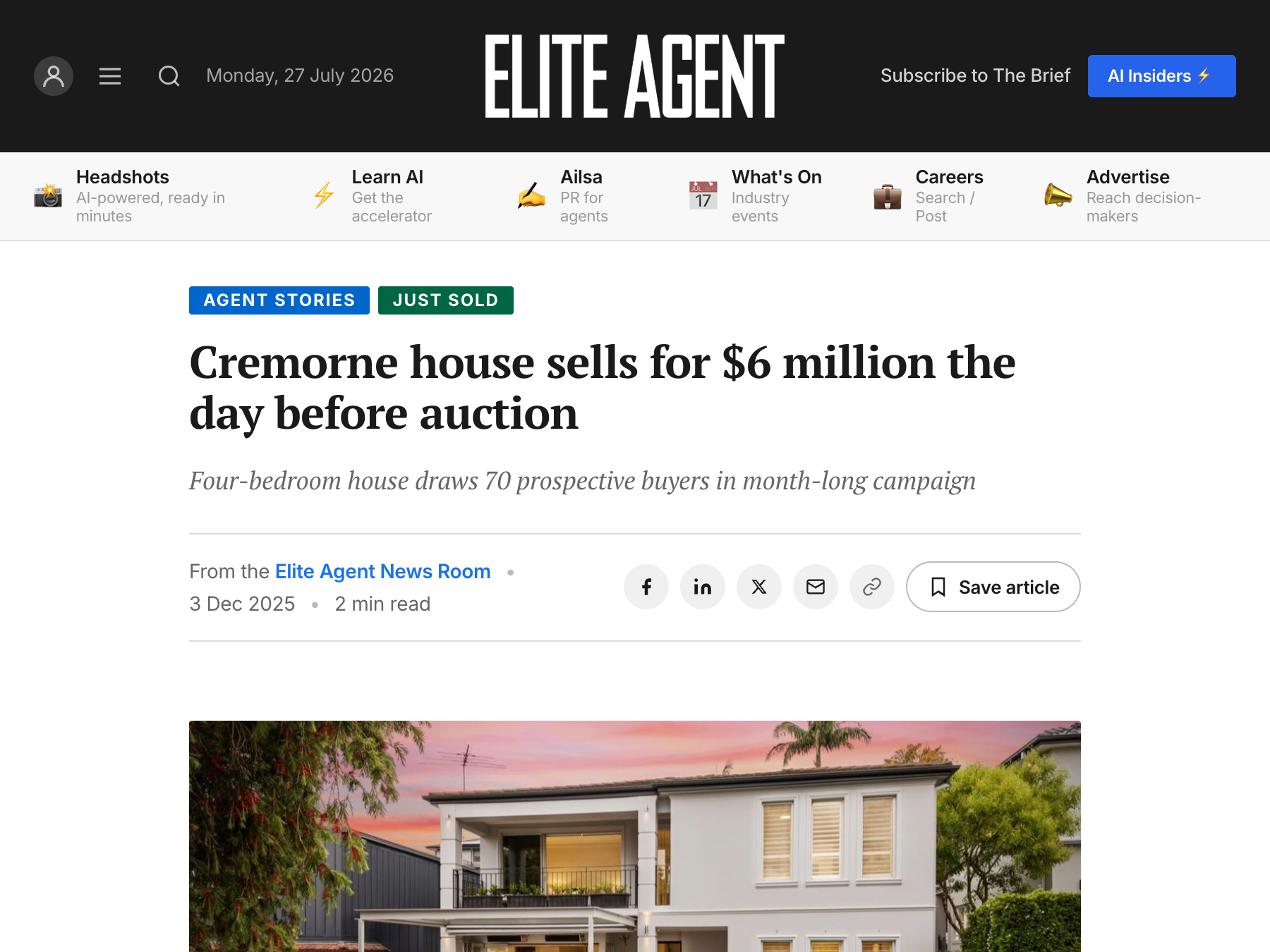 Published Elite Agent story: Cremorne house sells for $6 million the day before auction